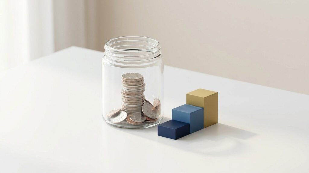 Glass savings jar with coins beside gradual blue and gold steps representing interest growth.